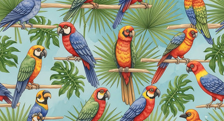 Seamless pattern with parrots and palm leaves. Vector illustration.の写真素材