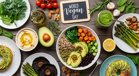 High angle view of healthy food on wooden table with copy space, flat layの写真素材