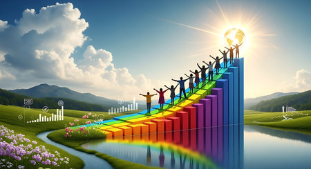 Business people standing on the graph. Success and leadership concept. 3D Renderingの写真素材