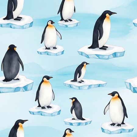 a charming pattern of emperor penguins on ice floes against a light blue watercolor background designの写真素材