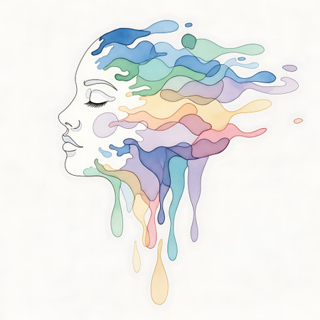 a profile of a face with closed eyes and colorful liquid shapes flowing from the head on a white backgroundの写真素材