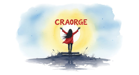 Girl in a red cape stands and raises her hands up.の写真素材