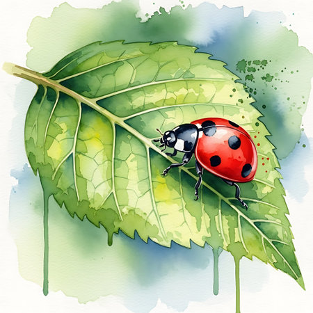 ladybug on a green leaf, watercolor illustration, hand drawnの写真素材