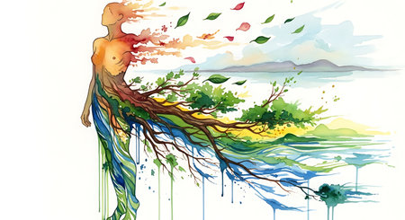 Watercolor illustration of a tree on a background of the sea.の写真素材