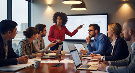 Group of young business people working together in modern office. They are sitting at the table and...