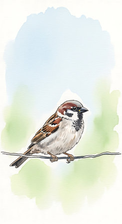 Watercolor hand drawn illustration of a sparrow on a branch.の写真素材
