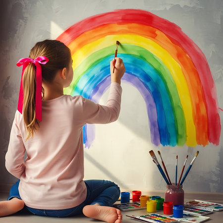 Cute little girl painting a rainbow on the wall. Back view.の写真素材