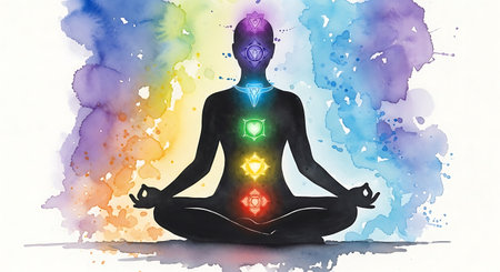 Digital illustration of woman meditating in lotus pose against colorful backgroundの写真素材