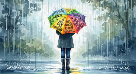 Illustration of a woman standing in the rain with a colorful umbrellaの写真素材