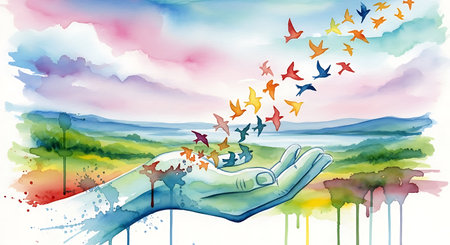 Hand holding birds in the sky. Watercolor painting. Vector illustration.の写真素材