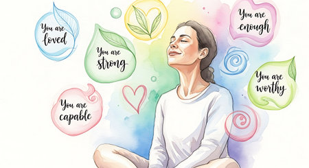 Illustration of a young woman sitting in a lotus position and dreaming about loveの写真素材