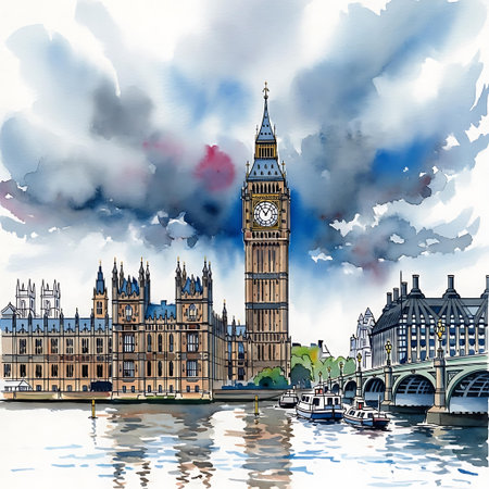 Big Ben and Houses of Parliament, London, UK. Hand drawn watercolor illustration.の写真素材