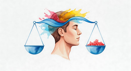 Illustration of a person's face and a scale of justice.