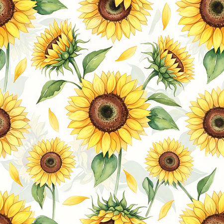 Seamless pattern with sunflowers. Watercolor illustration.の写真素材