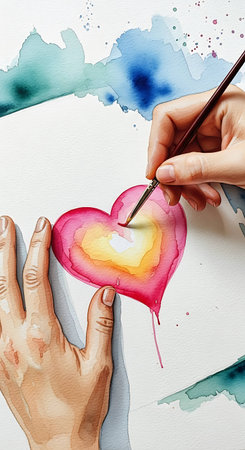 Close-up of female hands painting heart with brush on white backgroundの写真素材