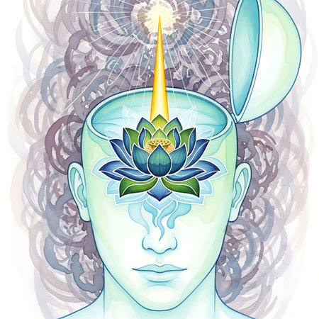Human head with lotus flower and magic unicorn horn. Vector illustration.
