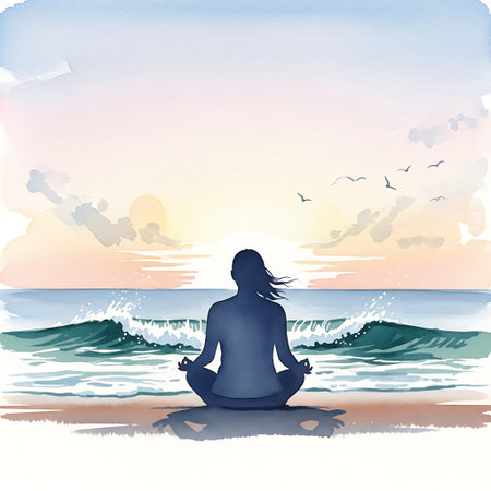 a serene watercolor scene of a woman meditating on the beach during a beautiful sunset by the ocean wavesの写真素材