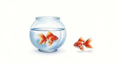 Two goldfish in a round glass aquarium on a white background.の写真素材
