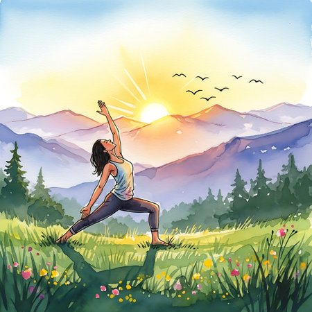 Beautiful young woman doing yoga in the meadow. Vector illustration.の写真素材