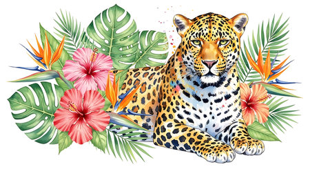 Leopard and tropical flowers. Hand drawn vector illustration on white backgroundの写真素材