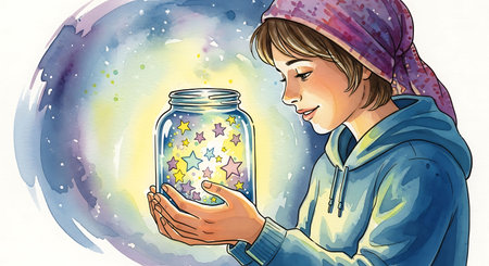 Illustration of a girl holding a glass jar with stars inside.の写真素材