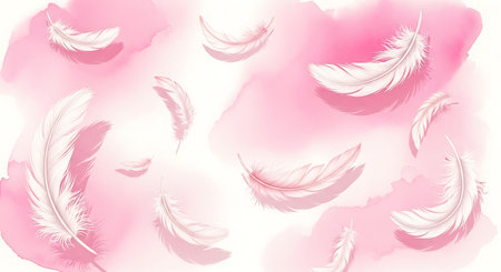 Pink watercolor background with feathers. Vector illustration for your design.の写真素材