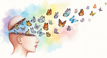 Conceptual illustration of a human head with butterflies over it.の写真素材