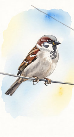 Watercolor illustration of a sparrow sitting on an electric wire.の写真素材