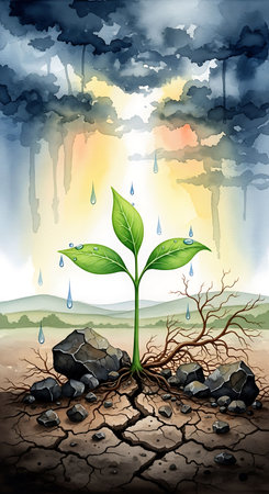 Illustration of green sprout growing on cracked ground with black soilの写真素材