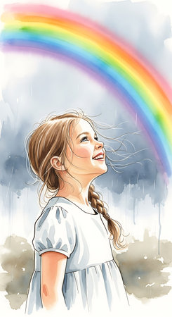 Little girl on the background of a rainbow. Watercolor illustration.の写真素材