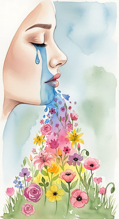 Watercolor painting of a young woman with eyes closed and flowers.の写真素材