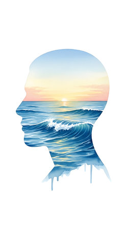 Silhouette of human head with sea and sunset. Vector illustration.の写真素材