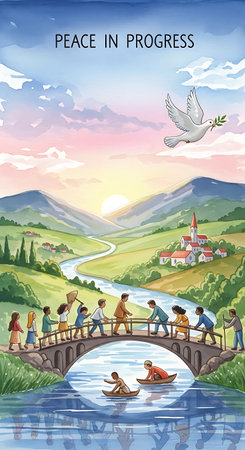 People walk on the bridge over the river in the village, vector illustrationの写真素材