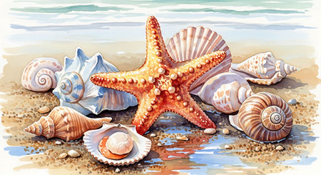 Starfish and seashells on the beach. Illustration.