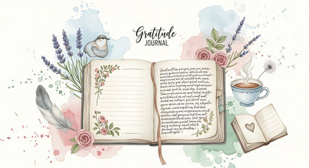 Coffee, book, flowers and bird on watercolor backgroundの写真素材