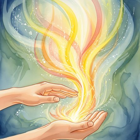 Vector illustration of human hands with magic fire in watercolor style.の写真素材