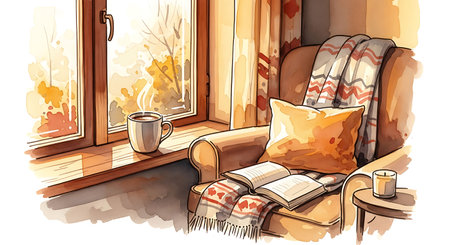 Illustration of a cozy room with a window, a coffee cup and a book.の写真素材