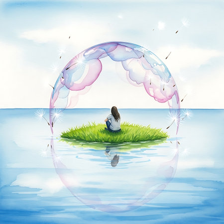 Illustration of a girl sitting on a green grass in the water