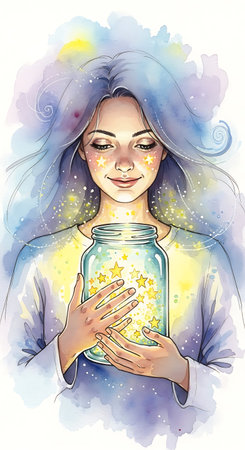 Beautiful girl holding a glass jar with golden stars. Watercolor illustrationの写真素材