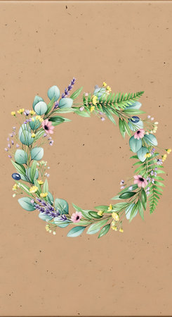 Watercolor floral wreath on brown paper background. Hand painted illustration.の写真素材