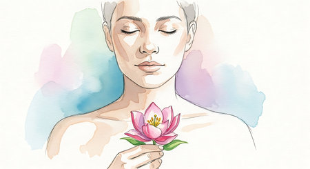 Illustration of a beautiful woman with a flower in her hand.の写真素材