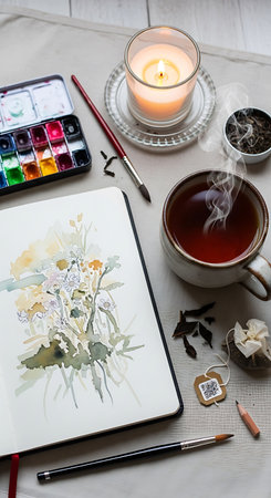Top view of a sketchbook with a cup of tea and a candle