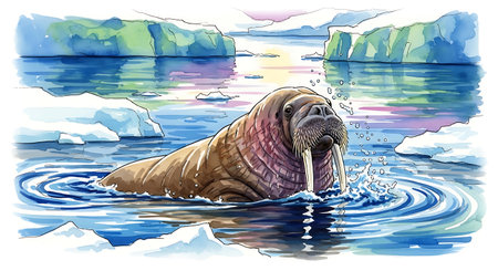 Walrus on the ice in the ocean. Watercolor illustration.の写真素材