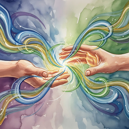 Illustration of two hands holding each other with a colorful abstract backgroundの写真素材