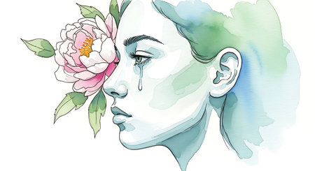 Watercolor portrait of a beautiful girl with a flower in her hairの写真素材