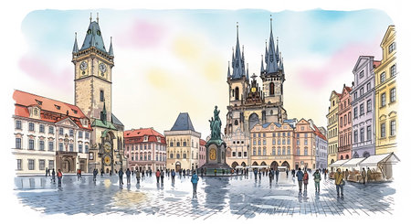 Prague, Czech Republic. Old Town square with old town hall and Charles Bridge.の写真素材