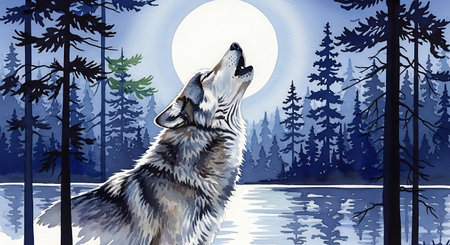 Illustration of wolf howling at the full moon in the forest