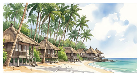 Wooden bungalows and palm trees on the beach. Vector illustrationの写真素材