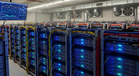 network server room with data center equipment and network cables in internet data center
