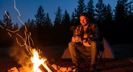 Handsome man sitting near campfire and drinking coffee at nightの写真素材
